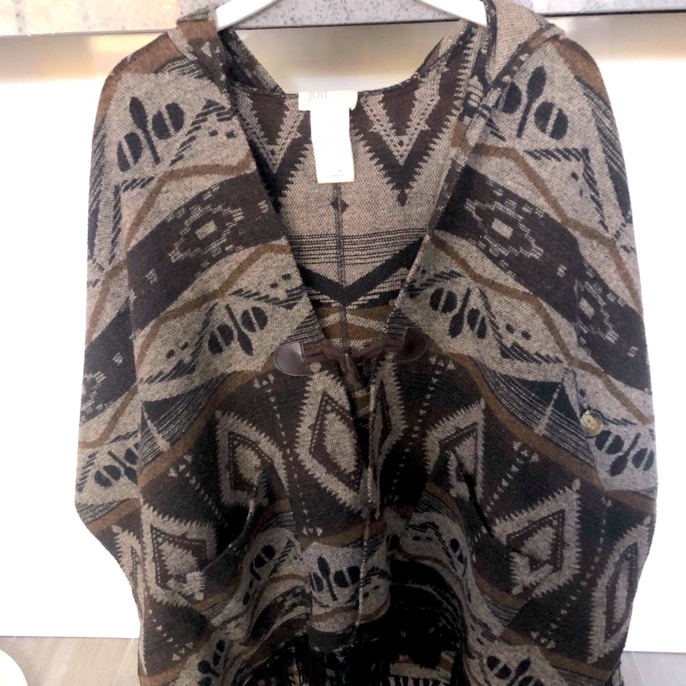 Boho Jolt Hooded Fringe Trimmed Shawl/Cape Size Small